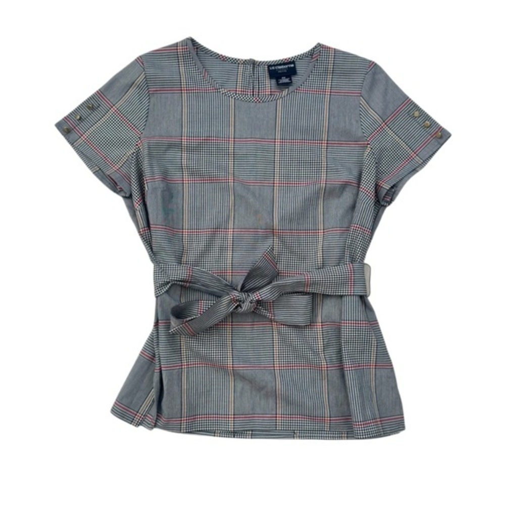 Liz Claiborne Gray Plaid Belted Blouse
